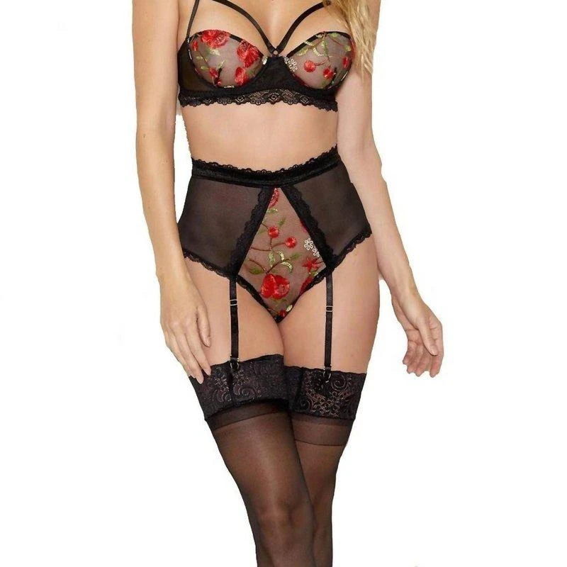 Icollection Embroidery Bra And Panty Set In Black 1