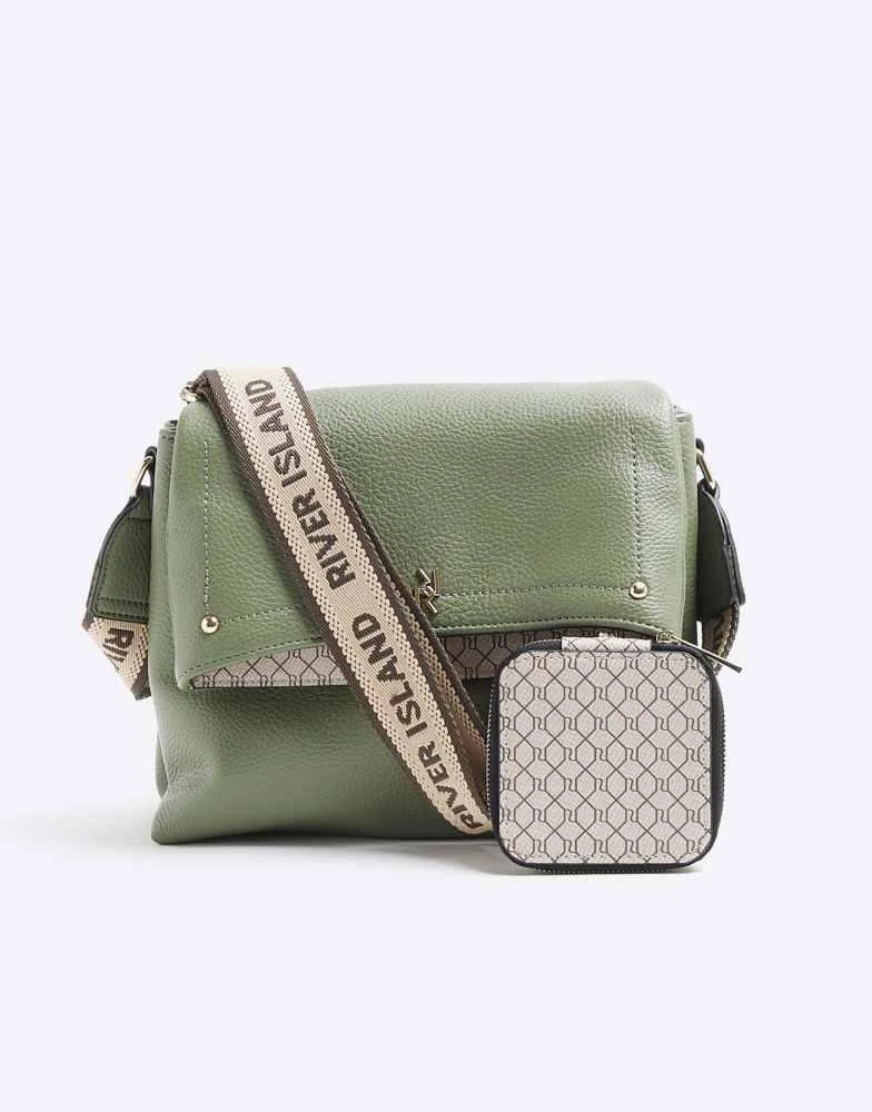 River Island River Island Faux leather flap over cross body bag in khaki 3