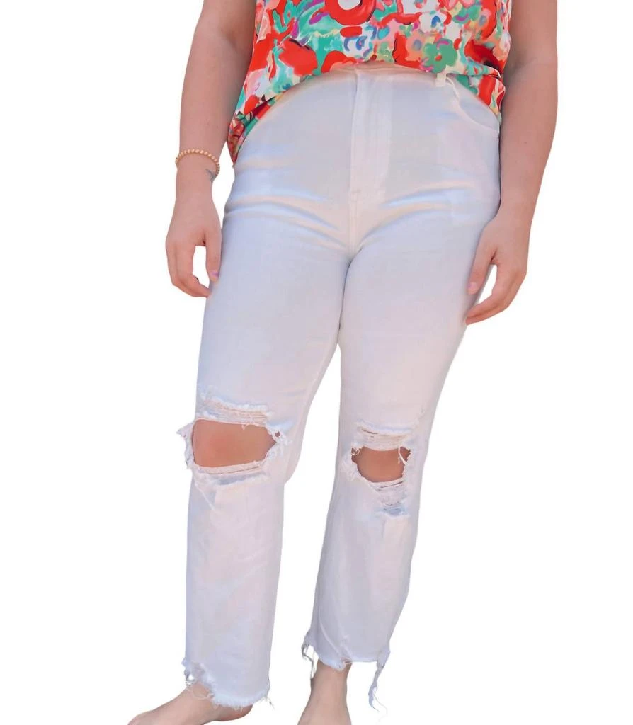 RISEN Distressed High Rise Straight Crop Jeans In White 2