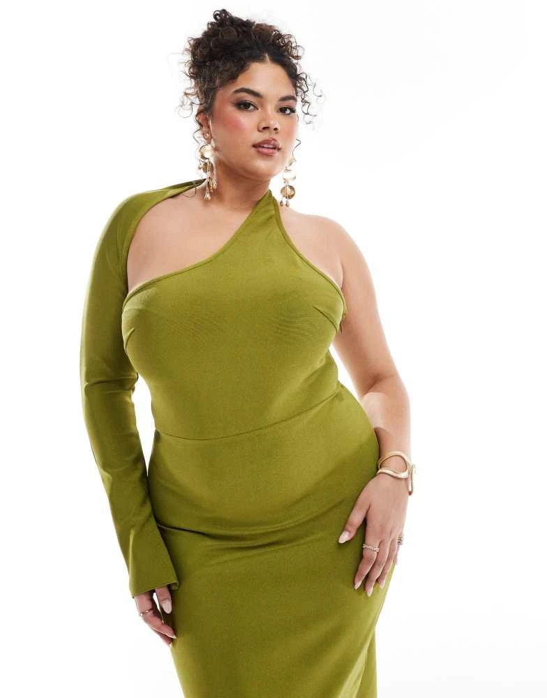 ASOS ASOS DESIGN Curve bandage wrap around neckline one sleeve midi dress in green 3