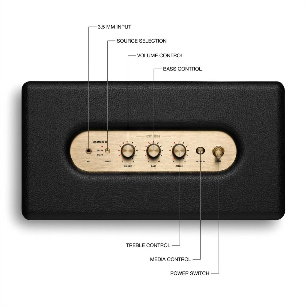 Marshall Marshall Stanmore III Bluetooth Home Speaker - Loud Stereo Sound with Bass and Treble Controls | Plug-in Powered | Record Player Compatible | RCA and 3.5 mm Aux Inputs - Black 6