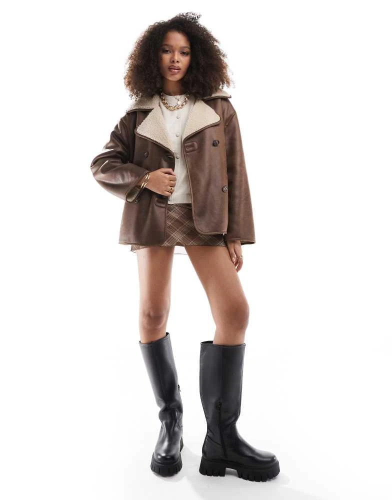 Stradivarius Stradivarius faux leather jacket with borg lining in brown 2