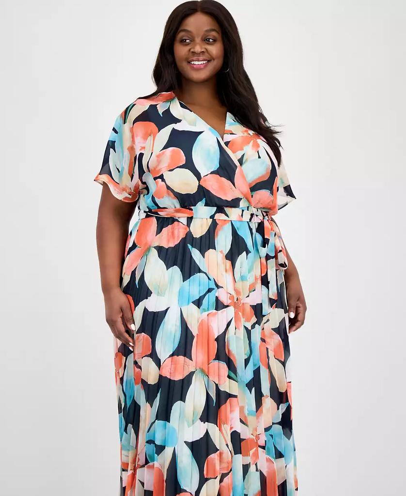 Sandra Darren Plus Size V-Neck Belted Pleated Maxi Dress