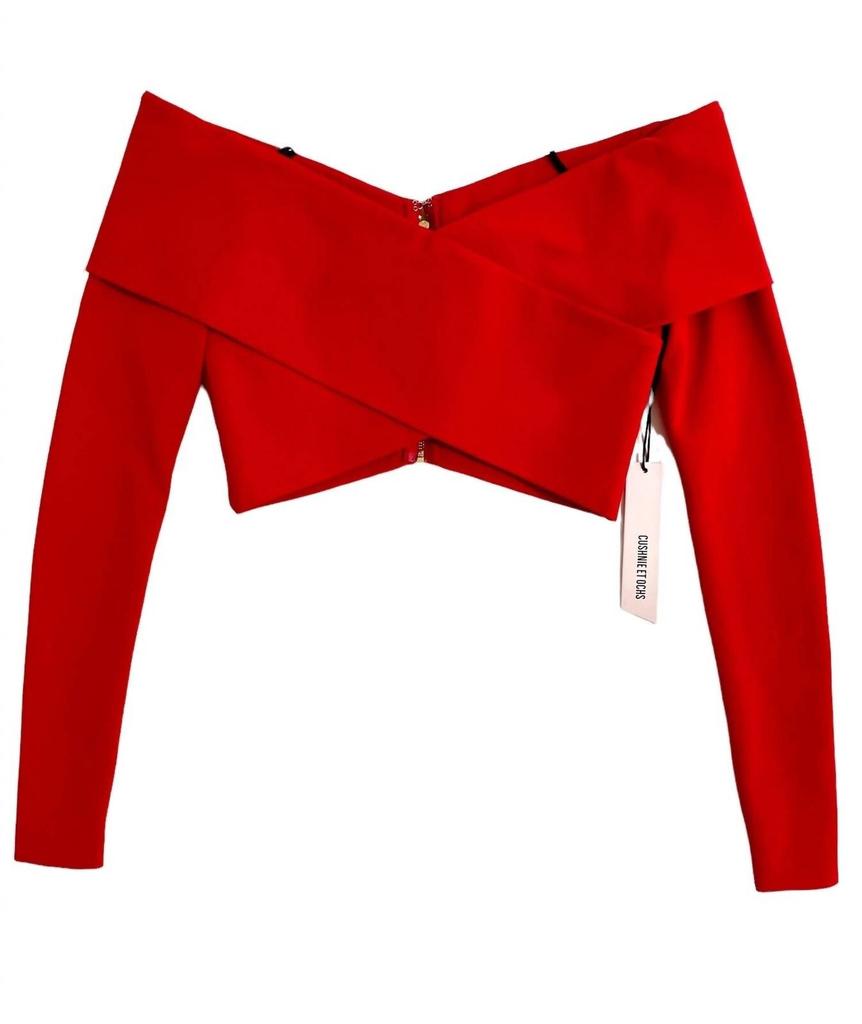 CUSHNIE Issa Crop Top Off The Shoulder Top In Red