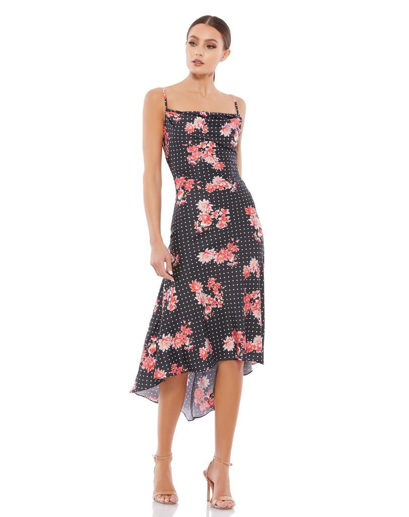 Ieena for Mac Duggal Black Polka Dot Floral Midi Dress