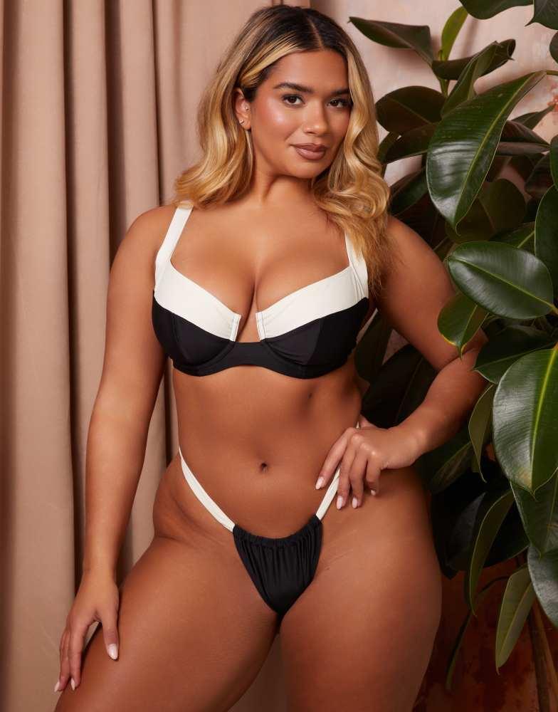 Wolf & Whistle Wolf & Whistle X Natalie Gessey Fuller Bust bikini bottom in black and white with contrast detail