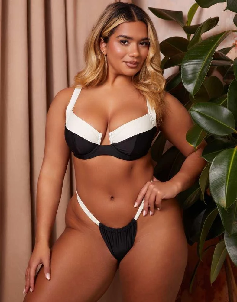 Wolf & Whistle Wolf & Whistle X Natalie Gessey Fuller Bust bikini bottom in black and white with contrast detail 1