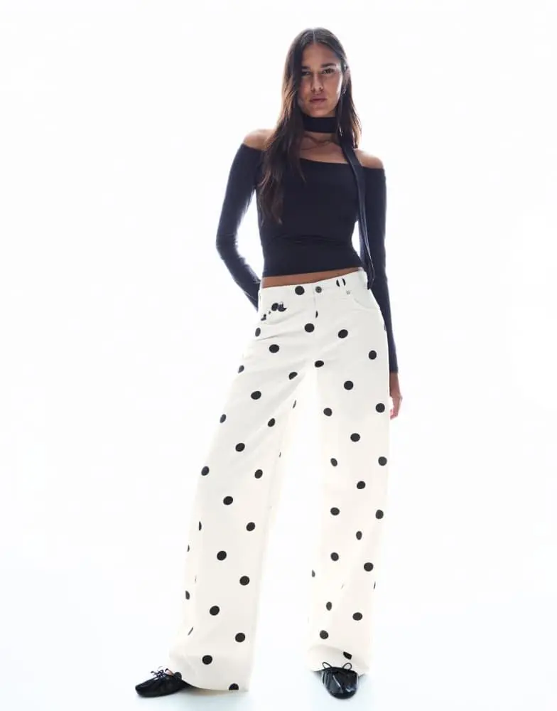 Bershka Bershka Polka dot baggy trousers in white