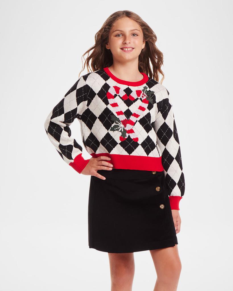 Andy & Evan Girl's Argyle Cropped Sweater W/ Candy Cane Graphic, Size 7-16