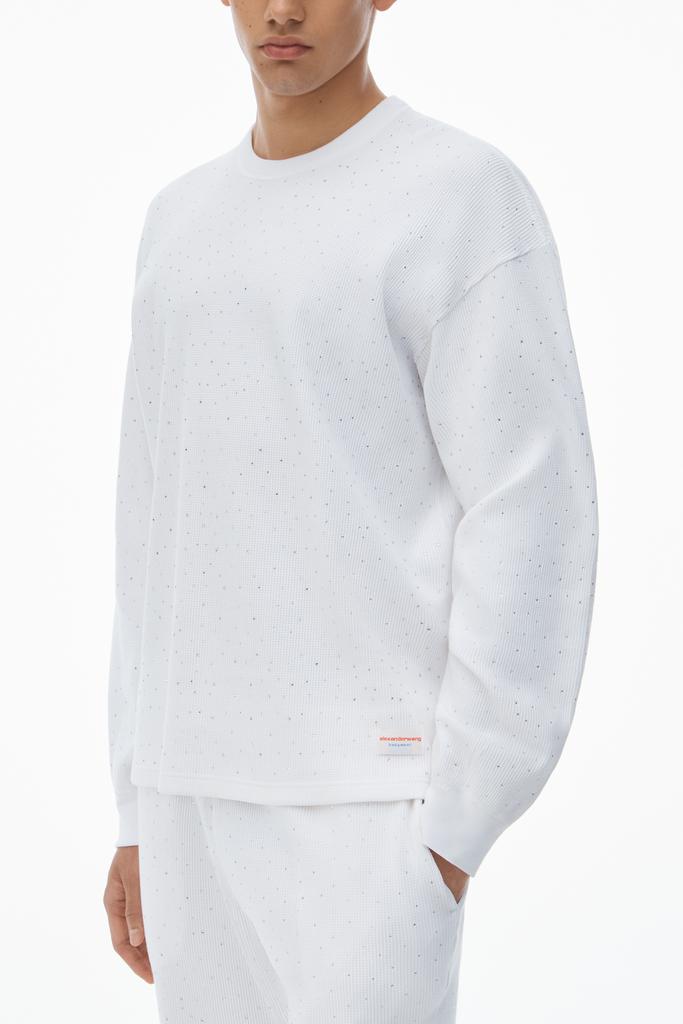 Shop Crystal Hotfix Crewneck Long-Sleeve Tee in Waffle Knit on