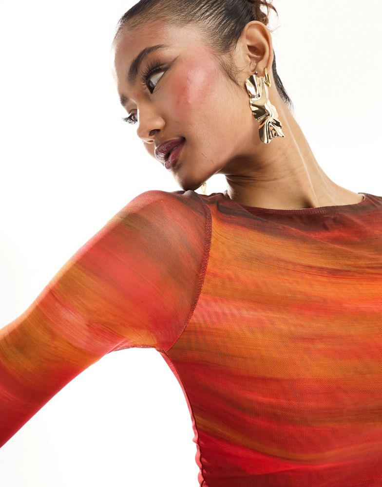 Farai London Farai London Cleo mesh long sleeve top and midi skirt set in red ombre