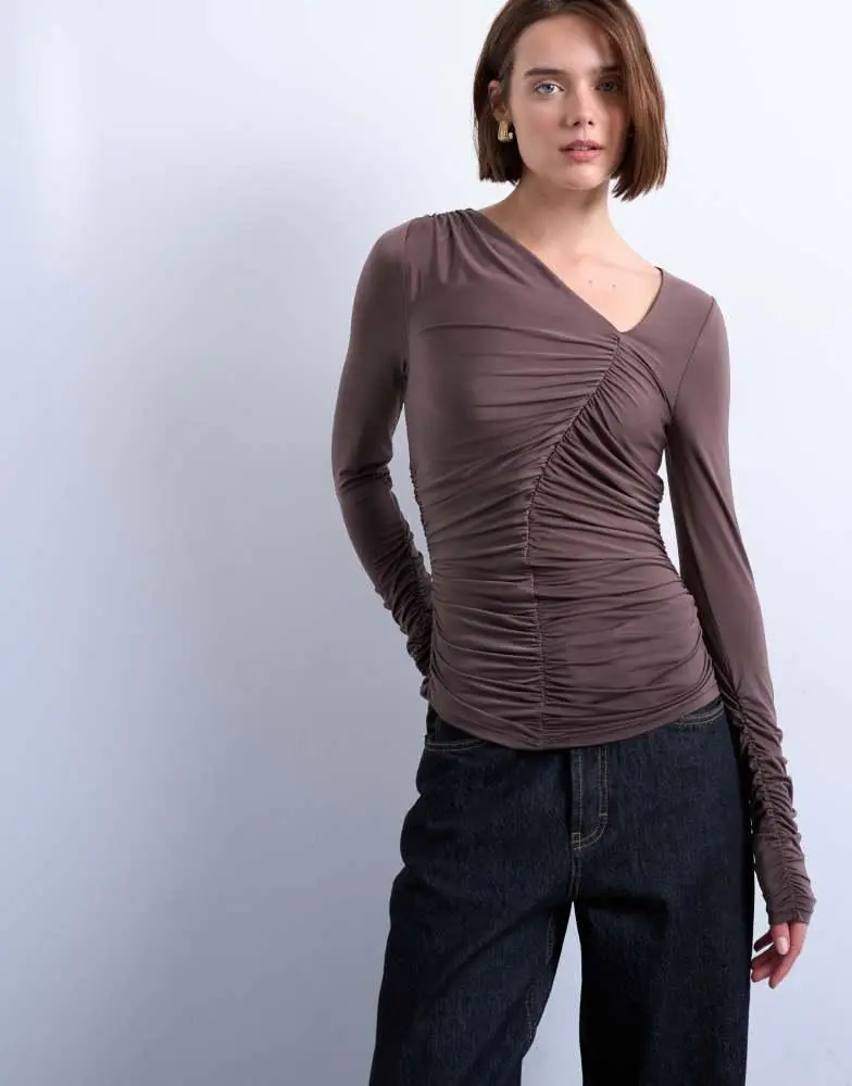 Topshop Topshop asymmetric ruched long sleeve top in brown