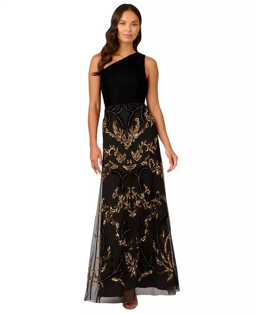 Adrianna Papell Women's One-Shoulder Beaded Velvet Ball Gown 3