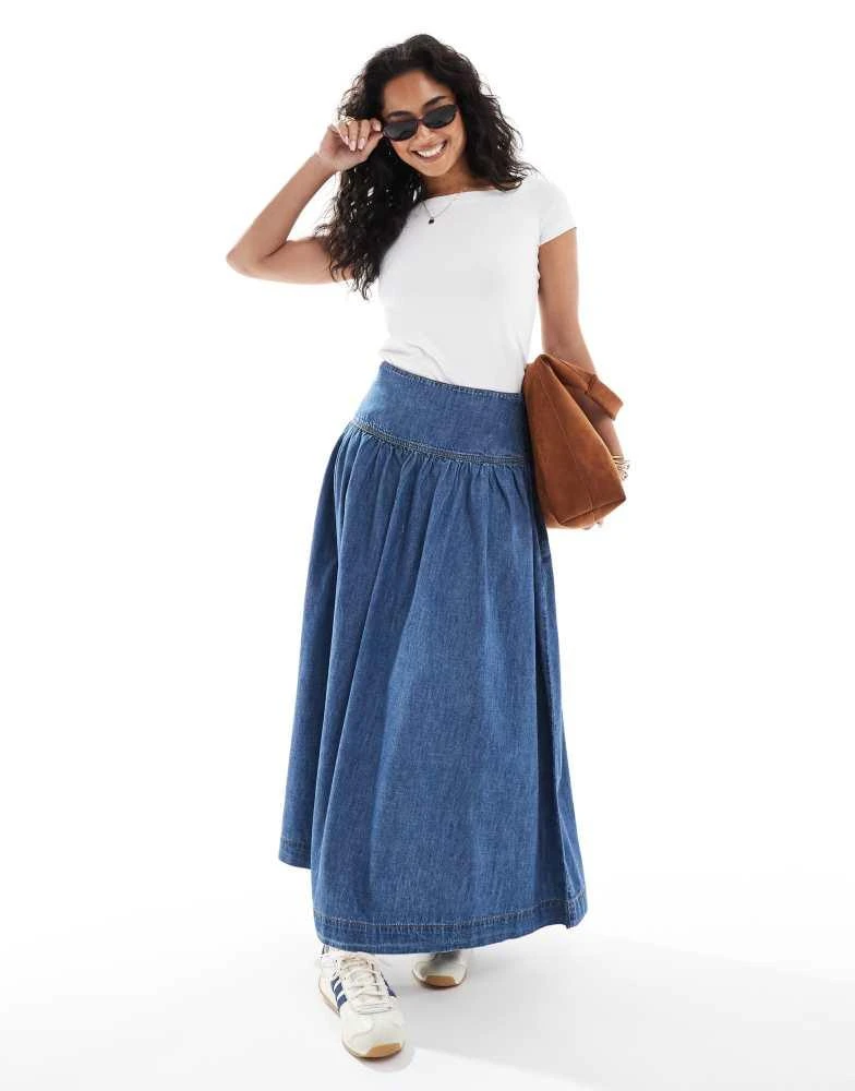 ASOS ASOS DESIGN denim drop waist maxi skirt with linen in midwash blue 1