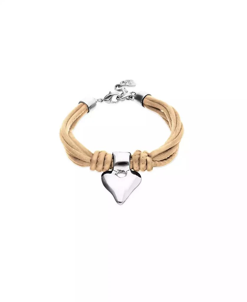 UNOde50 Bracelet with Mix of Silk Effect And Leather Beige Thread And Sterling Silver Heart Detail