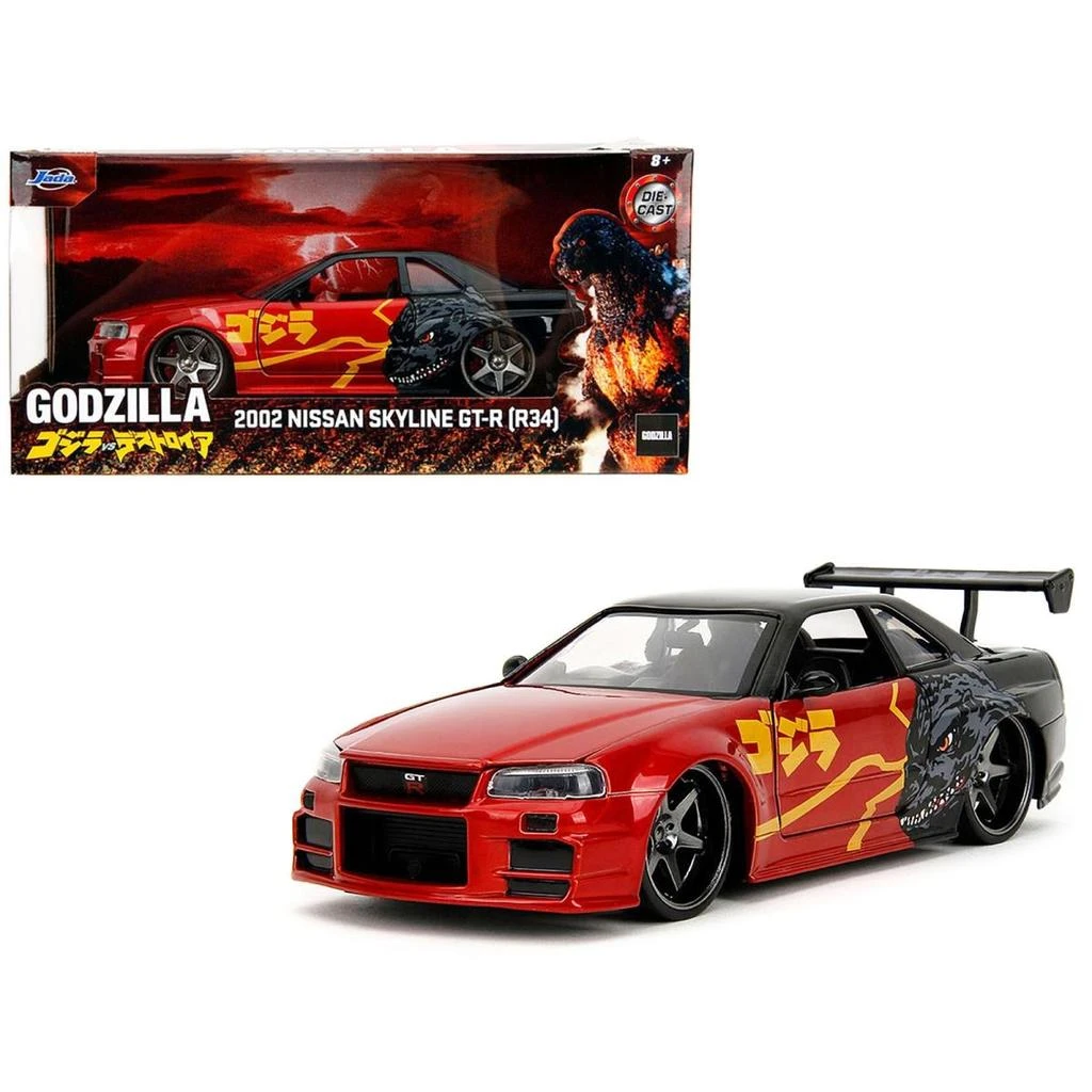 Jada Toys Jada  2002 Nissan Skyline GT-R R34 RHD Right Hand Drive Red Metallic & Black Godzilla Destoroyah 1995 Movie Hollywood Rides Series 1-24 Scale Diecast Model Car 1