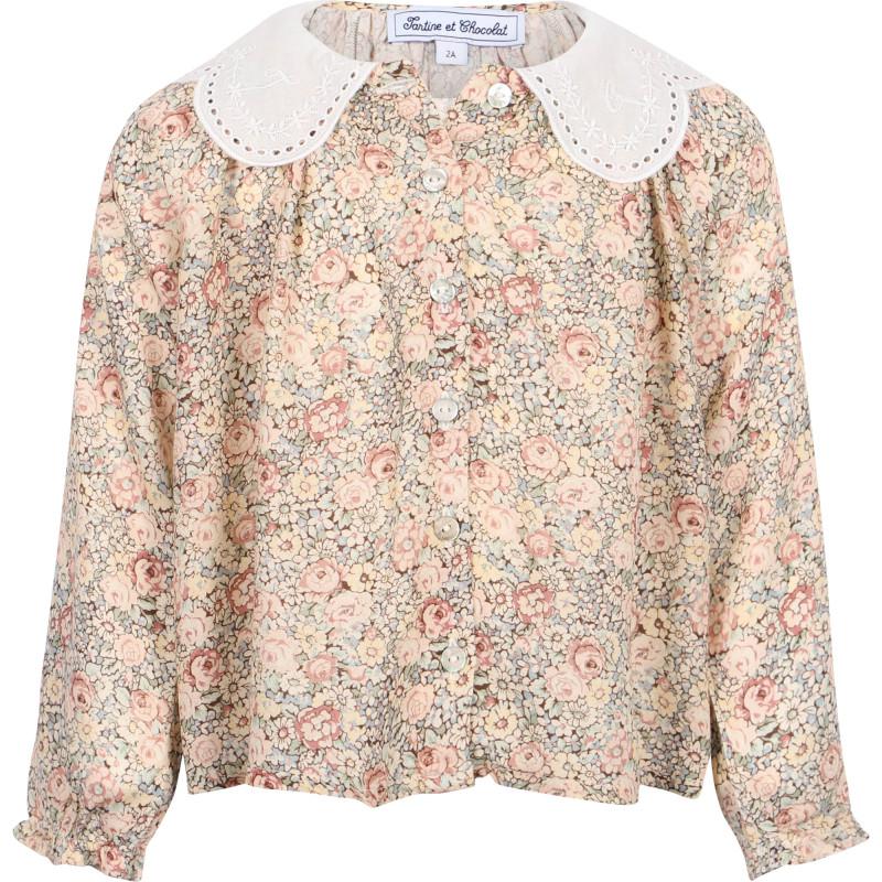 Tartine et Chocolat Scalloped collar floral print blouse and shorts set in beige and pink