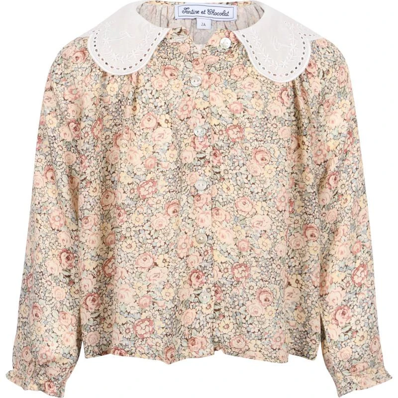 Tartine et Chocolat Scalloped collar floral print blouse and shorts set in beige and pink 2