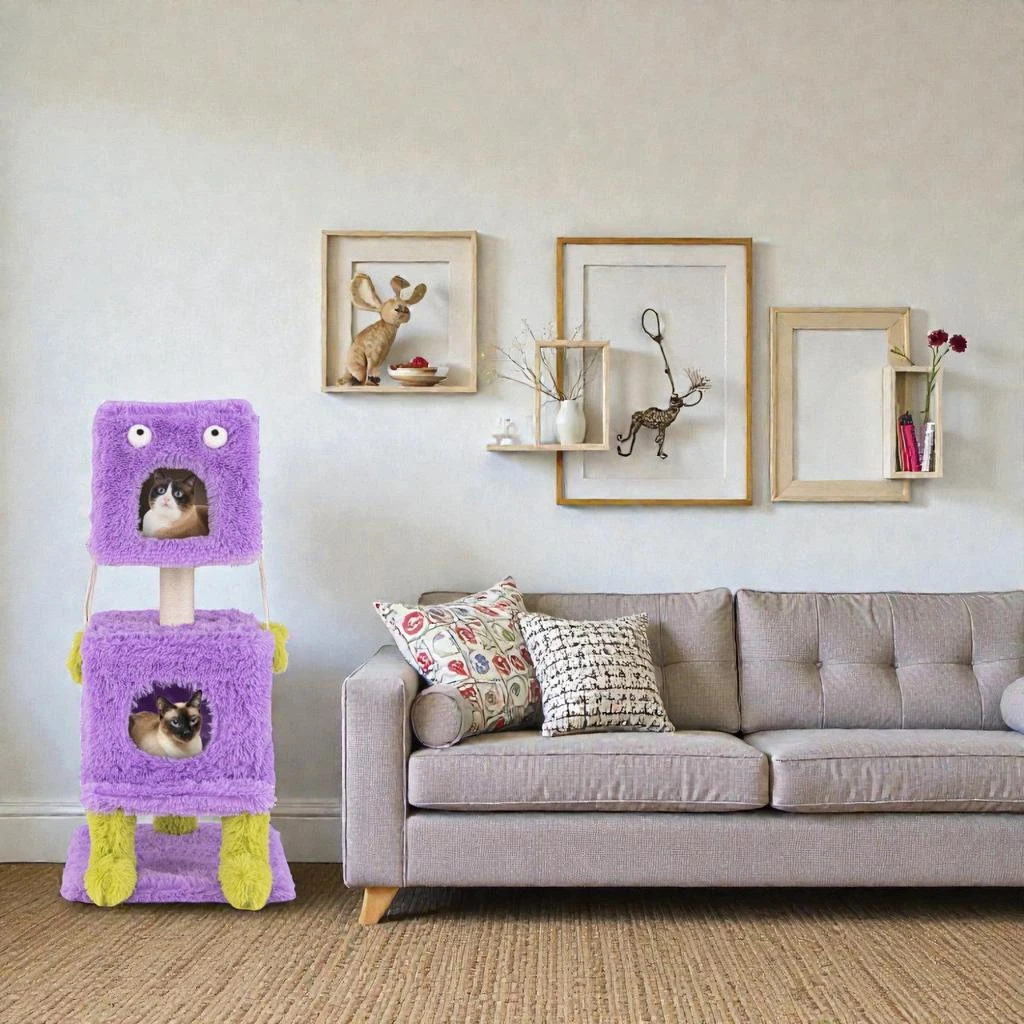 Hivvago Monster-Themed Cat Tower with Two Cozy Condos for Compact Spaces