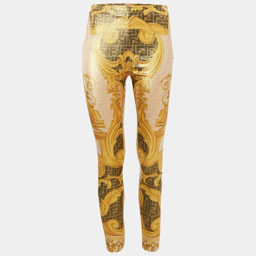 Fendi Fendace Yellow Logo Print Lurex Jersey Leggings S 1
