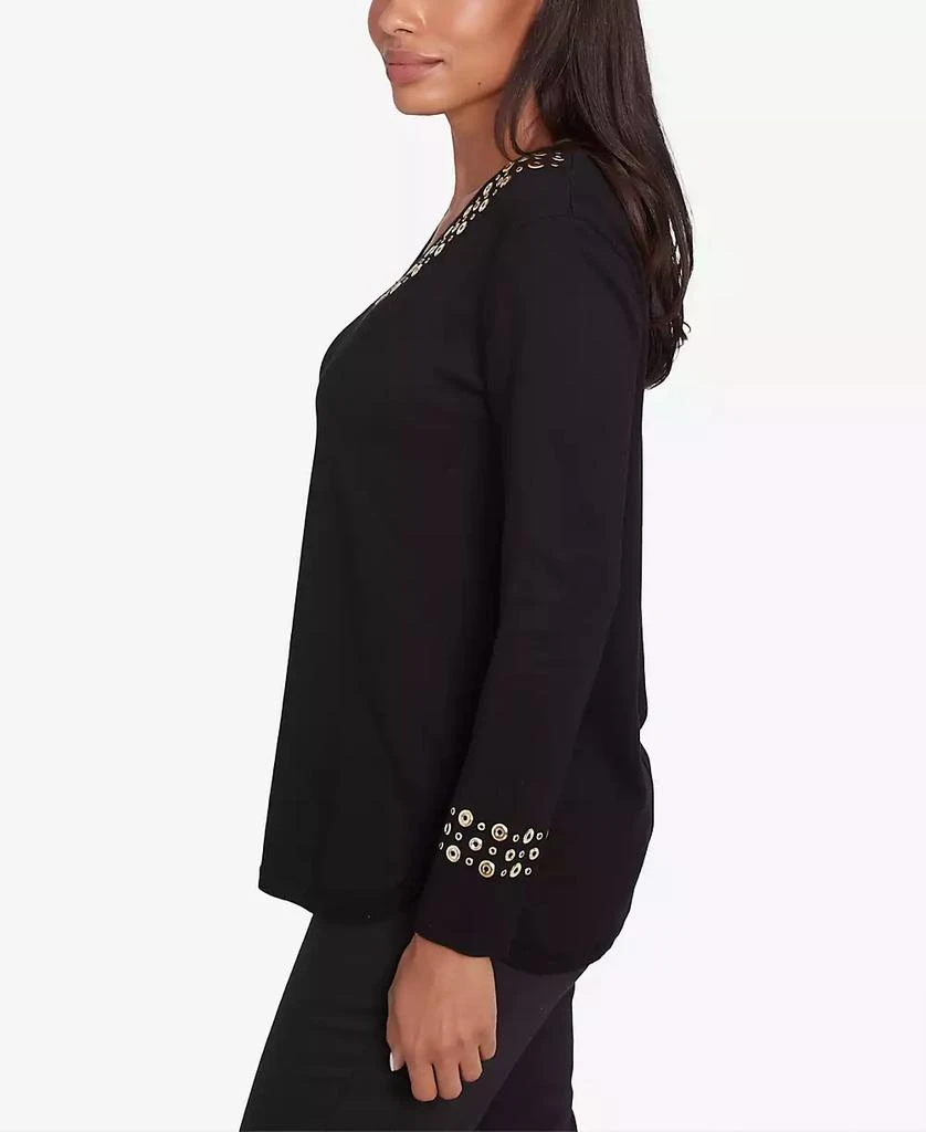 Ruby Rd. Petite Grommet Embellished Fine Gauge V-Neck Sweater 8