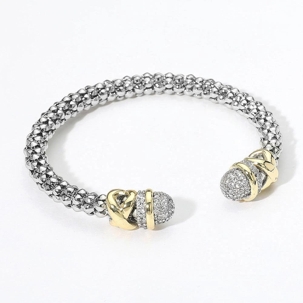 FASHNZFAB CZ Stone Paved Tip Two Tone Braided Cuff Bracelet