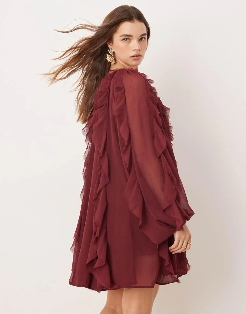 ASOS EDITION raw edge ruffle mini dress with balloon sleeve in burgundy   On Sale Now with Up to 65% Off | Discover Exclusive Deals & Savings at  BeyondStyle  Authentic ASOS