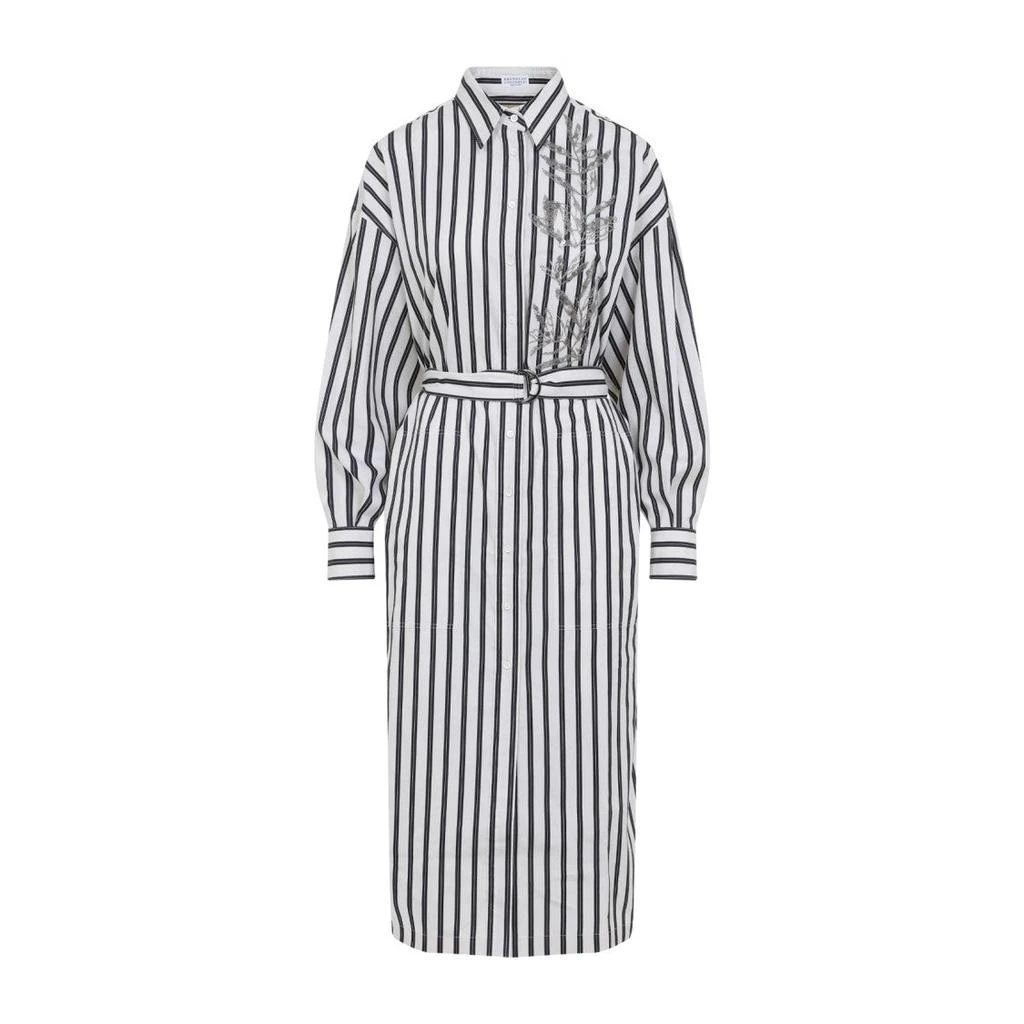 Brunello Cucinelli Striped White And Black Cotton Midi Dress 1