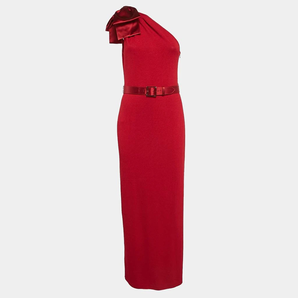 St. John St. John Red Rib Knit Bow One Shoulder Belted Maxi Dress M 1