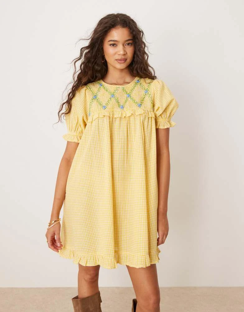 Neon Rose Neon Rose shirred detail mini gingham babydoll dress in yellow 1