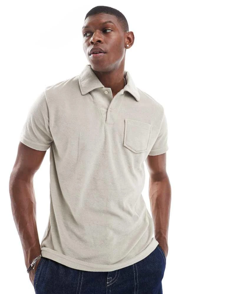 Brave Soul Brave Soul towelling co-ord polo shirt with revere collar in stone 1