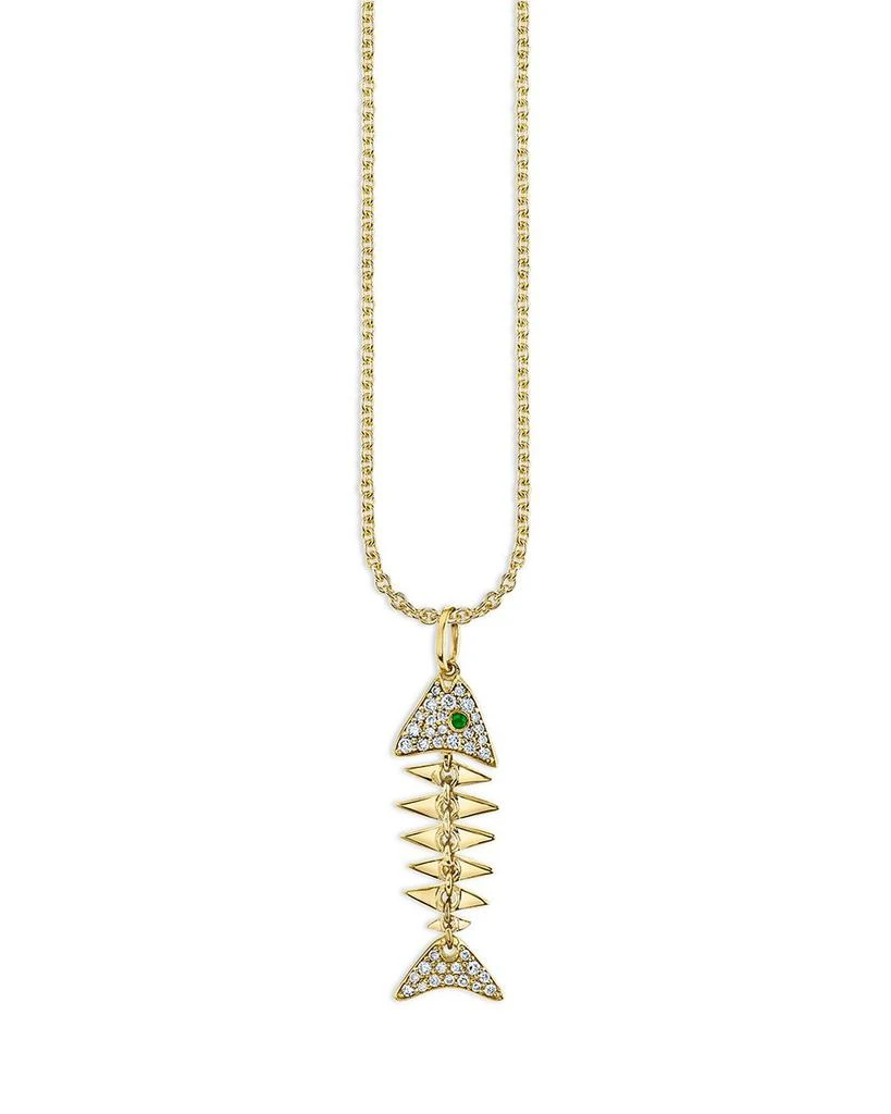 Sydney Evan 14K Yellow Gold Diamond & Emerald Fishbone Pendant Necklace, 16"-18" 1