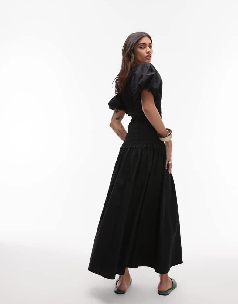 Topshop Topshop puff sleeve square neck shirred midi dress in black 3