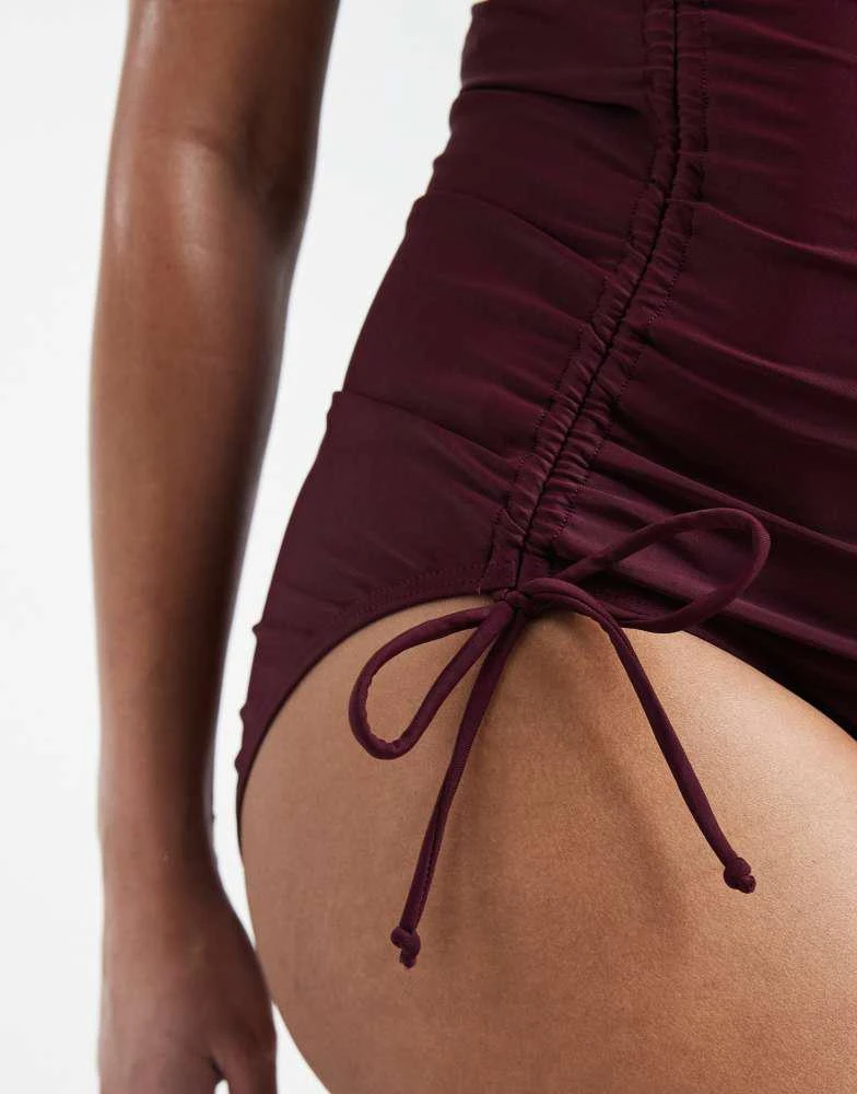 Mama.licious Mamalicious Maternity wrap front ruched side swimsuit in fig red 4