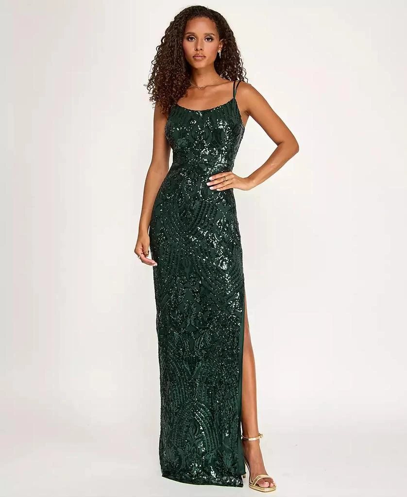 Emerald Sundae Juniors' Sequined Side-Slit Gown, Created for Macy's - Hunter - Size L Emerald Sundae Juniors' Sequined Side-Slit Gown, Created for Macy's - Hunter - Size L
