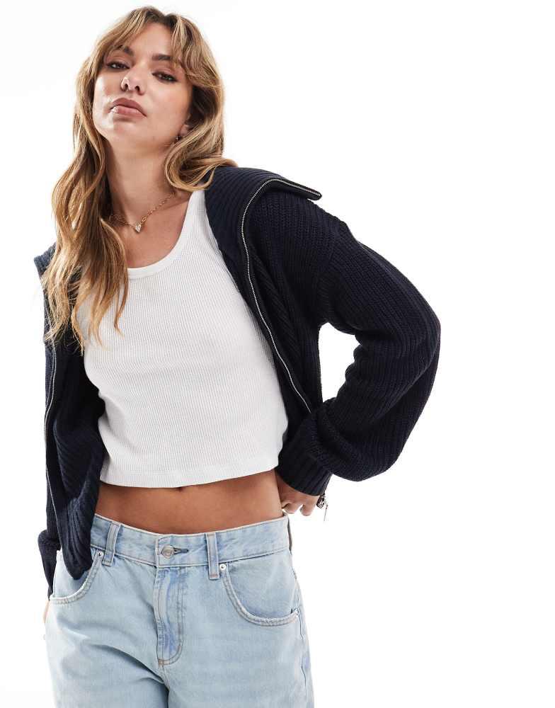 Brave Soul Brave Soul full zip fisherman knit cardigan in navy