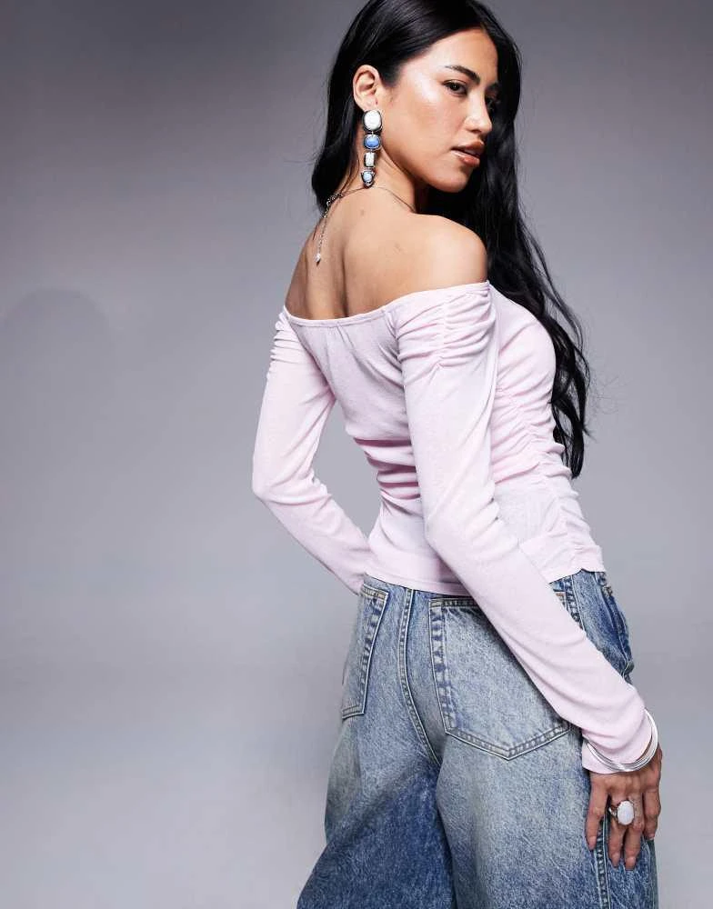 ASOS ASOS DESIGN off shoulder ruched long sleeve top in pastel pink 4