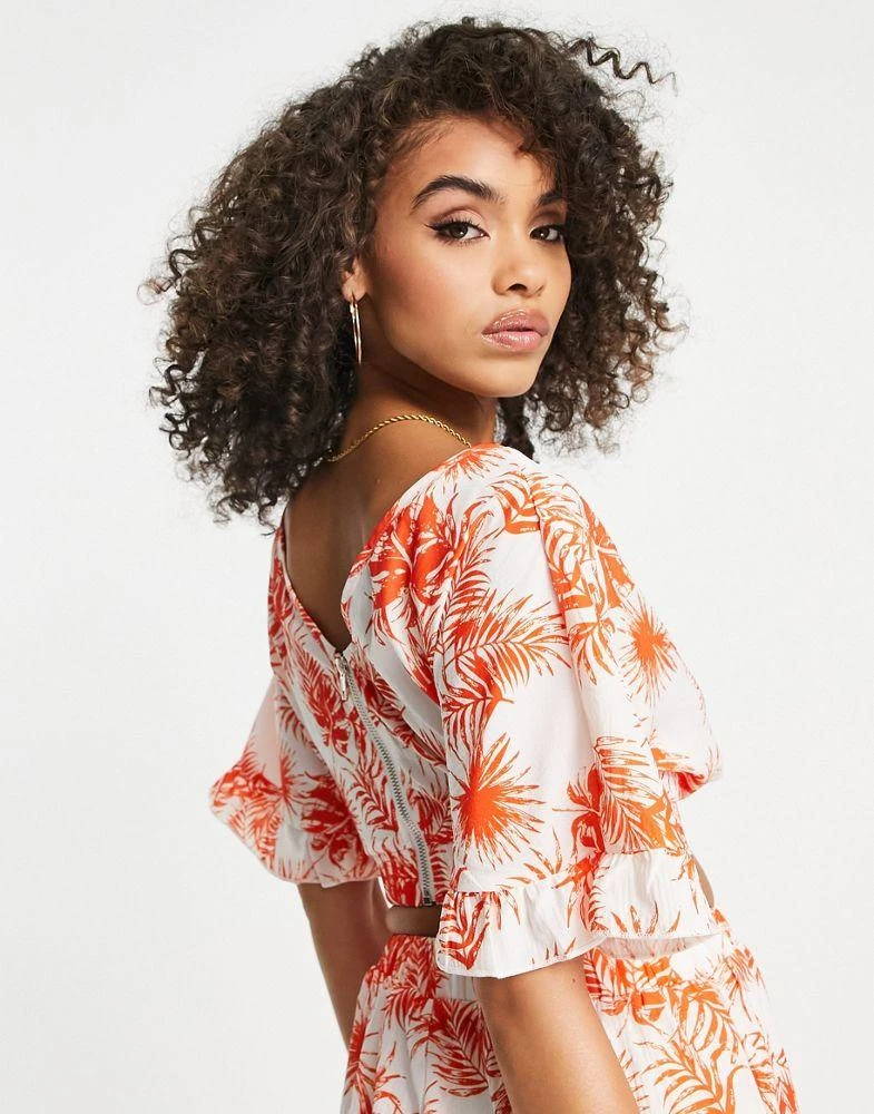 Parisian Parisian flutter sleeve crop top co-ord in orange tropical floral 4