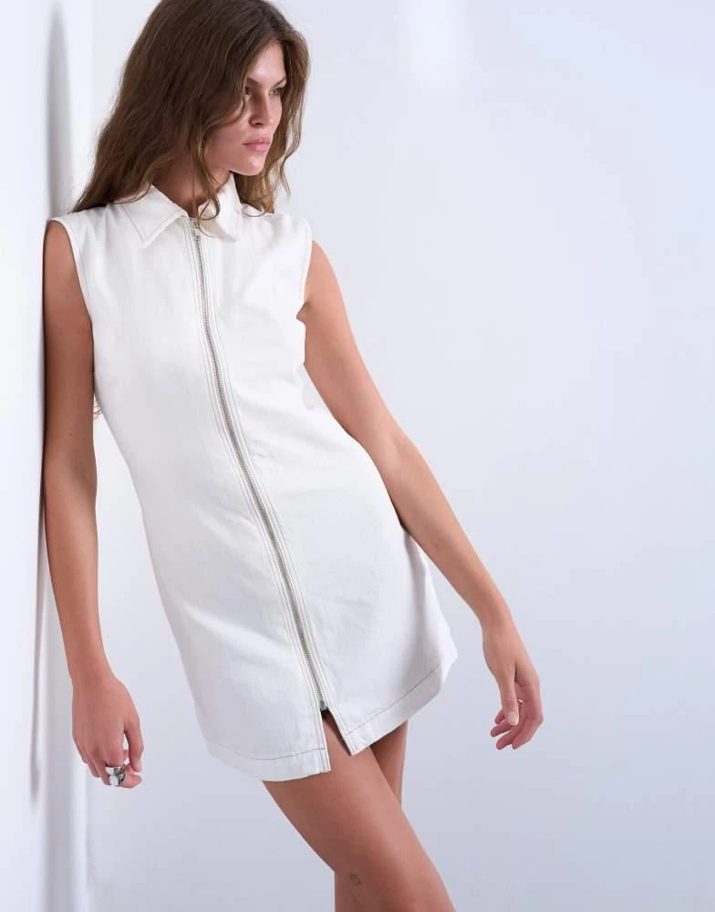 Topshop Topshop denim zip through collar sleeveless mini dress in white 1