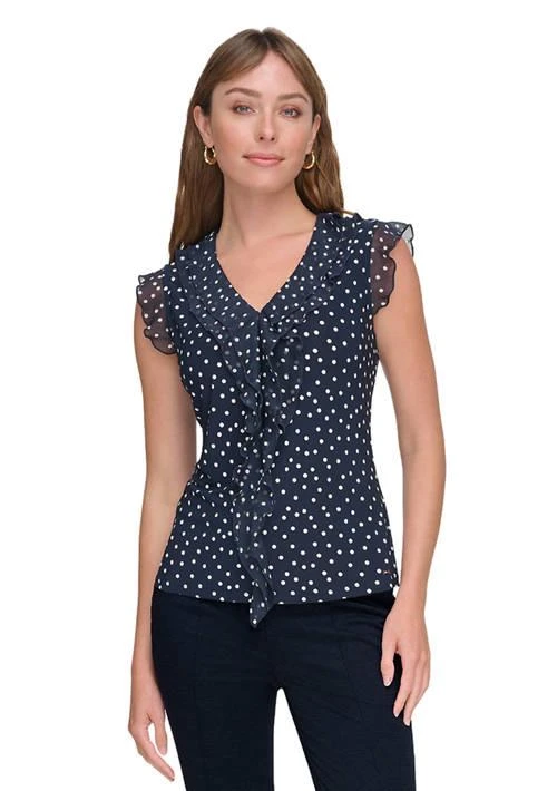 Tommy Hilfiger Hilfiger Women S Sleeveless Mixed Media Dot Ruffle Top 1