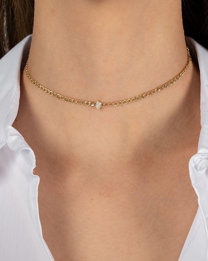 Zoe Lev 14K Yellow Gold Cuban Link Choker Pear Diamond Necklace, 12-15"