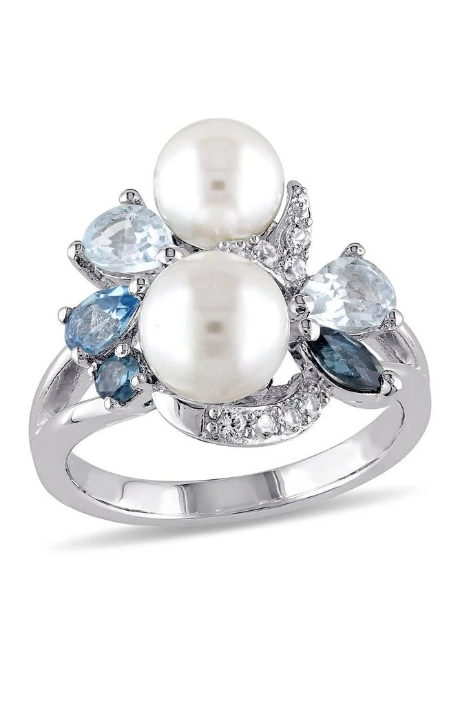 DELMAR White Freshwater Pearl, Created White Sapphire 
Mixed Blue Stone Ring