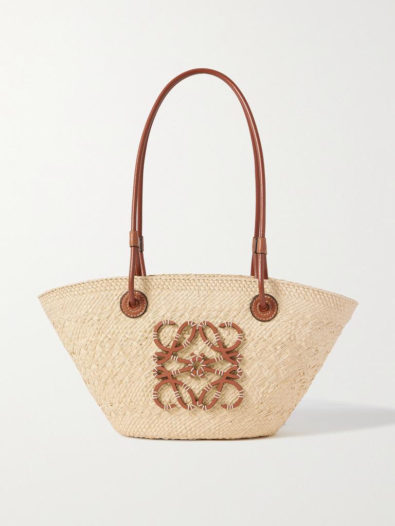 LOEWE X Paula's Ibiza 皮革边饰编织拉菲草小号手提包 - Tote