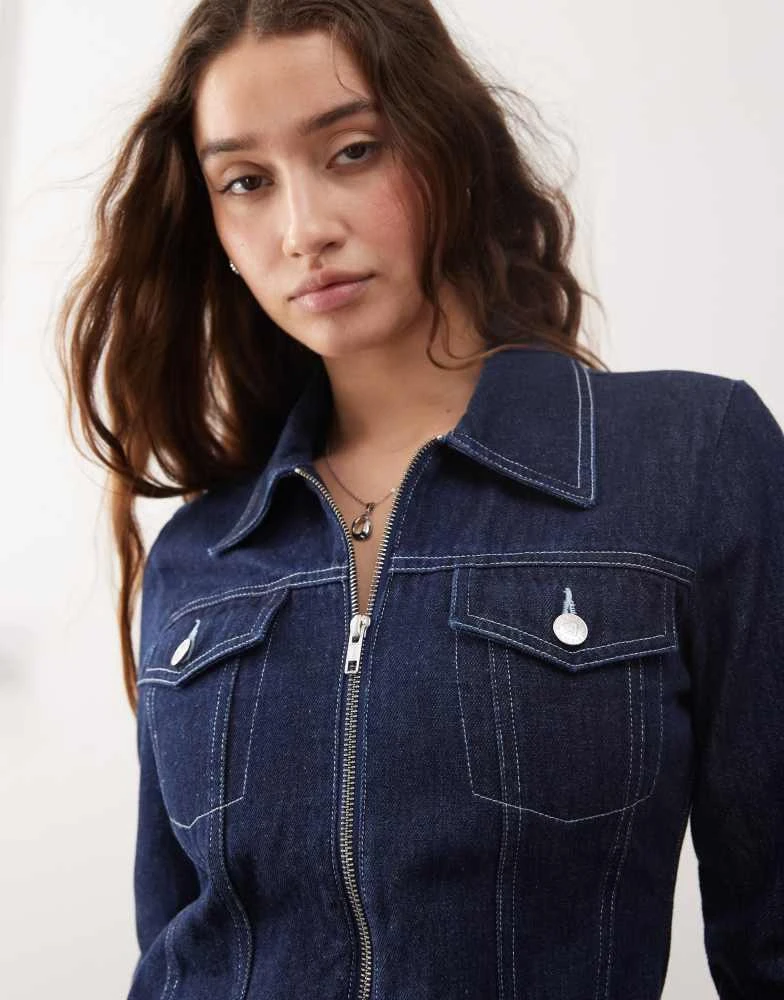 Miss Selfridge Miss Selfridge denim zip shirt dress in dark wash 3