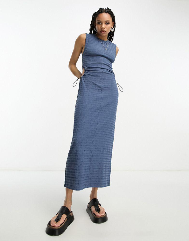ASOS ASOS DESIGN crinkle midi dress with cut out side detail and toggle trim in blue