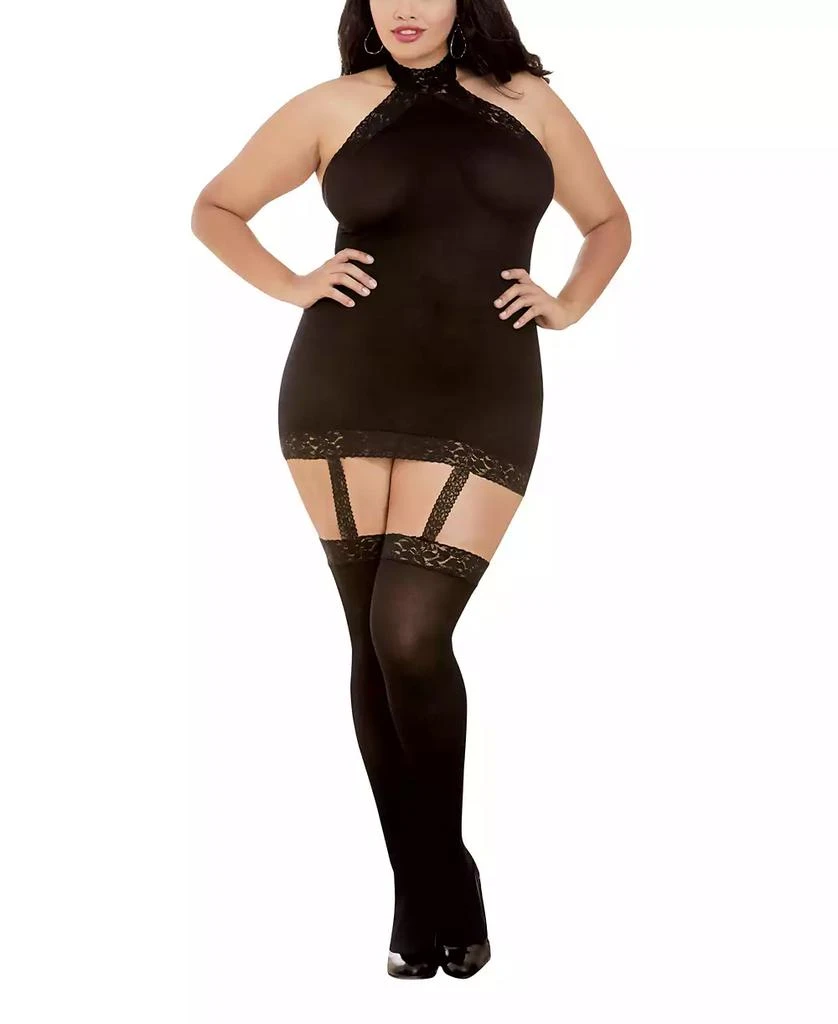 Dreamgirl Women's Plus Size Sheer Halter Garter Dress with Attached Garters and Stockings Lingerie Set 1