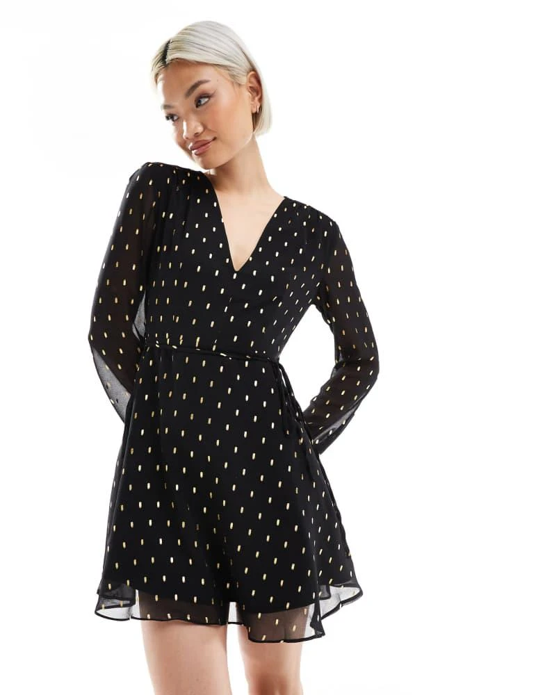 Glamorous Glamorous V-neck mini dress with waist tie in black gold spot 2