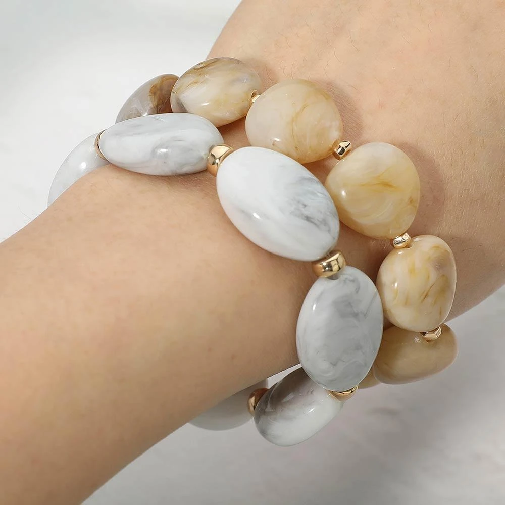 FASHNZFAB 2PCS - Marbled Resin Pebble Beaded Stretch Multi Layered Bracelets