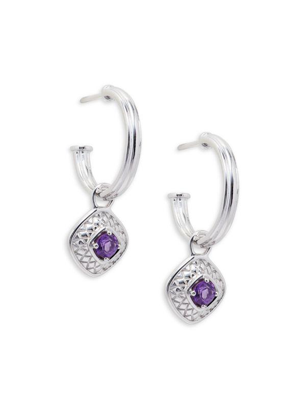 Judith Ripka Julian Rhodium Plated Silver & Removable Amethyst Charm Drop Earings