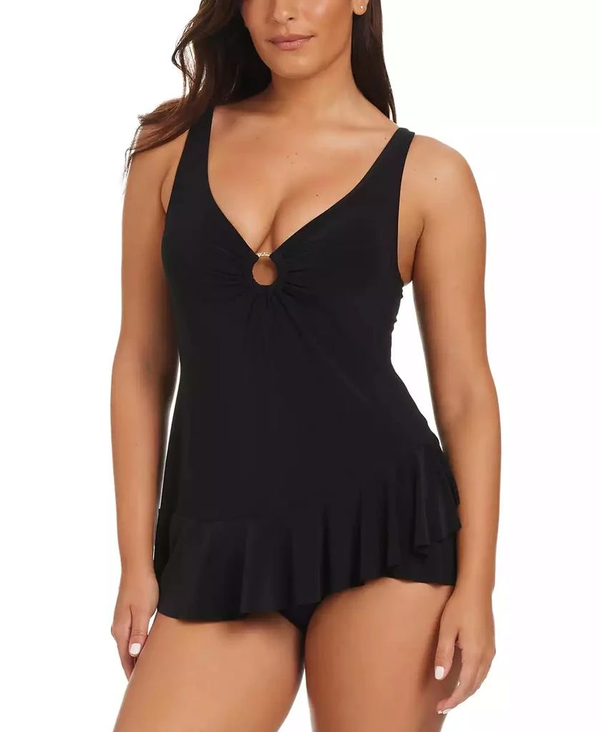 Beyond Control Women's Solid Essentials O-Ring Ruffled Swim Dress 1